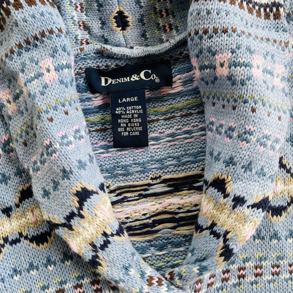 Denim & Co. Light Blue Multicolor Fair Isle Shawl Collar Knit Cardigan Sweater L - Picture 4 of 7